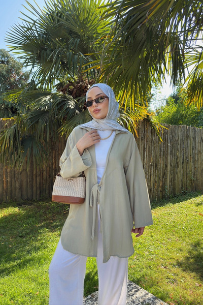 Yefrastore Women's Mildew Green Tie Detail Flam Linen Kimono