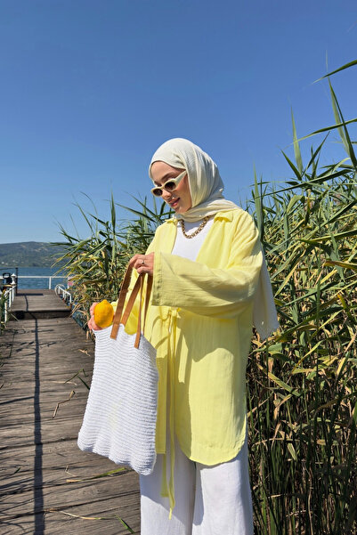 Yefrastore Women's Butter Yellow Binding Detailed Flam Linen Kimono