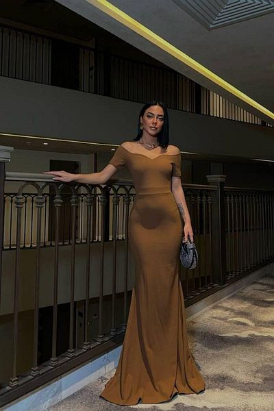 Mossta Off Shoulder Neckline Detailed Long Evening Dress - Brown