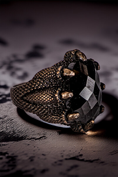 OSMANLI GÜMÜŞ Erkek Gümüş Yüzük - Siyah Zirkon Taşlı Pençe Model Oksitli Erke...