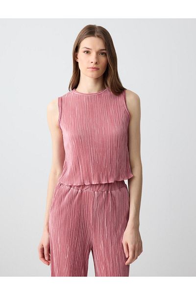Jimmy Key Dusty Rose Slim Fit Round Neck Pleated Knitted Blouse