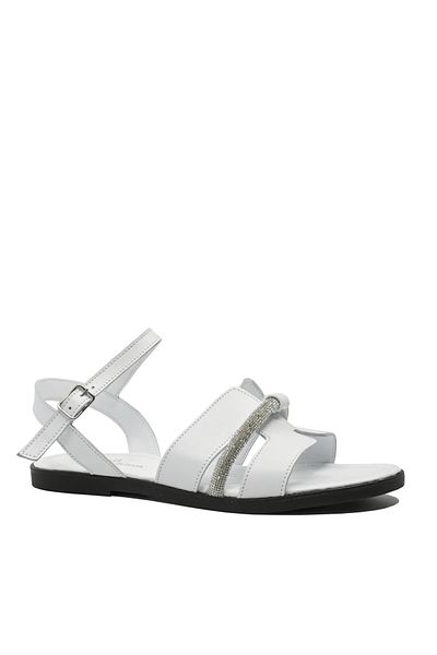 Dogati Low Sandals with Rhinestones, White, Made of Leather