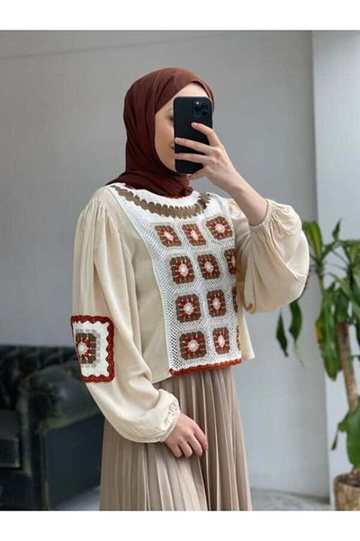 MELEK KOSTAK Women's Beige Vintage Crochet Knit Detailed Ecru Balloon Sleeve Linen Hijab Blouse
