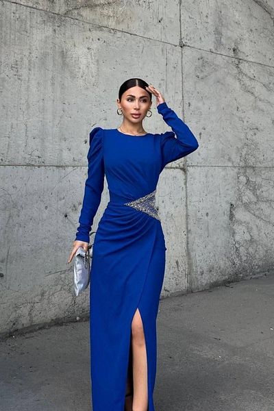 Mossta Princess Sleeve Stone Detailed Long Evening Dress - Saks