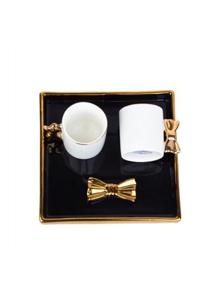 ERGENÇLERZÜCCACİYE Black/Gold 2-Person Groom Coffee Cup Set with Tray 9861
