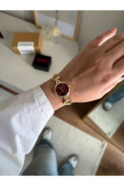 RoseandRoses Loven Special Design Dial Vintage Heart Detail Women's Wristwatch Gold (Burgundy Dial)