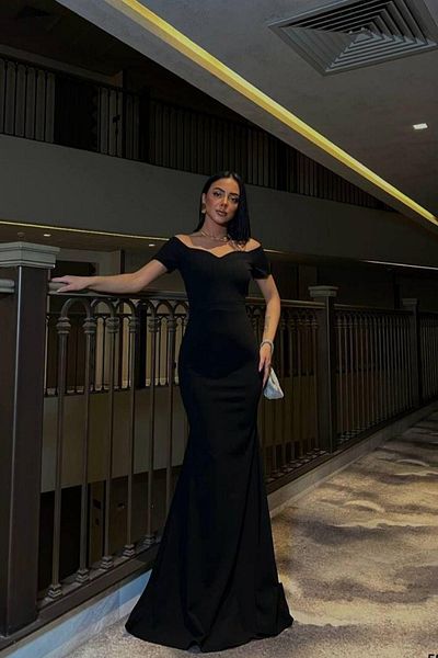 Mossta Off Shoulder Neckline Detail Long Evening Dress - Black