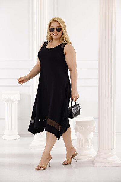 Siyezen Plus Size Mesh Detailed Asymmetry Cut Dress