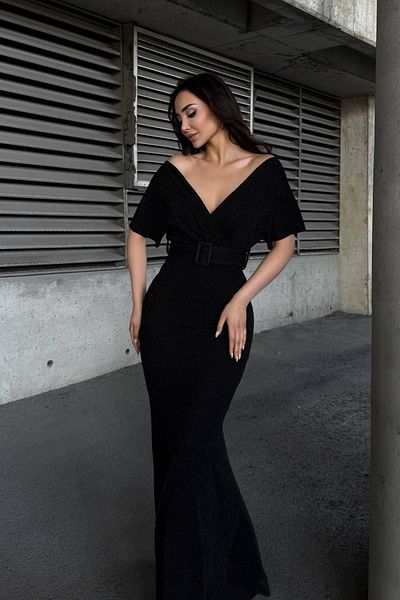Mossta V-Neck Glitter Belted Flowers Long Evening Dress - Black