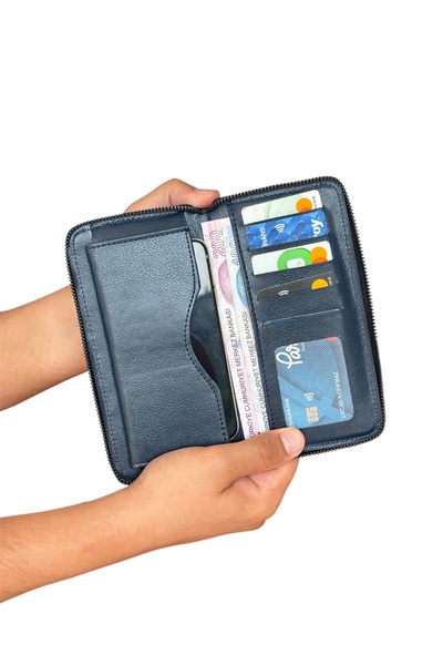 Tisaati Premium Series Luxury Leather Vertical Zipper Phone Compartment Wallet Belt Card Holder and Wristband Men's Set