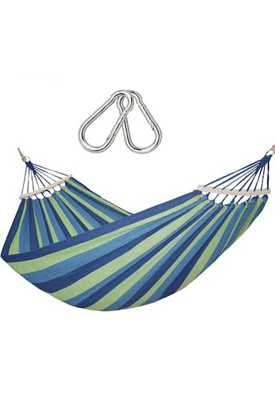 buz Double Cotton Hammock with Wood Ends + Ropes, Blue Green