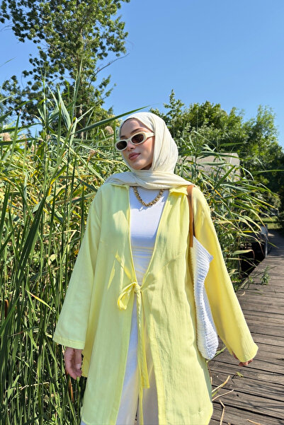 Yefrastore Women's Butter Yellow Binding Detailed Flam Linen Kimono