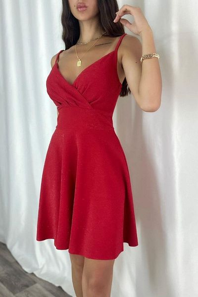 Mossta Double Breasted Collar Glitter Flared Dress - Red