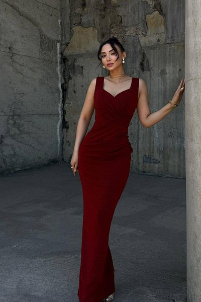 Mossta Glitter Draped Slit Detailed Long Evening Dress - Claret Red