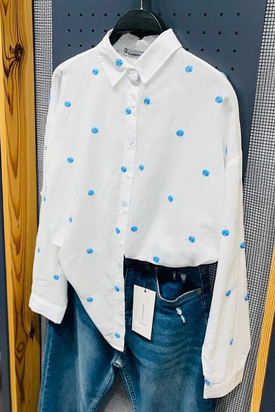 FEMELLE Women's Polka Dot Embroidered Loose Fit Off Shoulder 100% Cotton Shirt