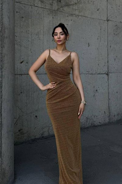 Mossta Double Breasted Collar Glitter Gathered Flowers Evening Dress - Gold