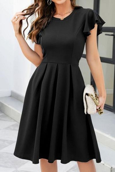 Mossta Crew Neck Ruffle Sleeve Flared Crepe Dress - Black