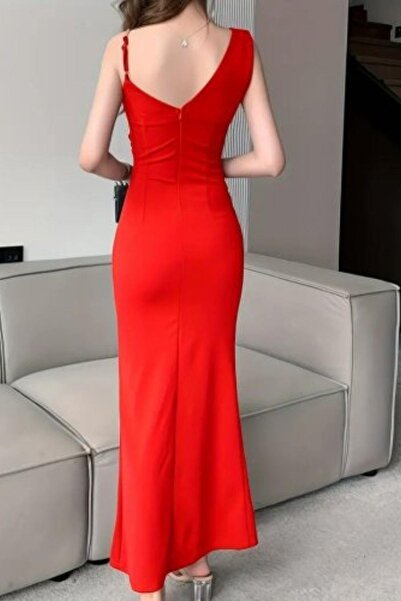 Mossta Double Breasted Neckline Slit Evening Dress with Chain Strap - Red