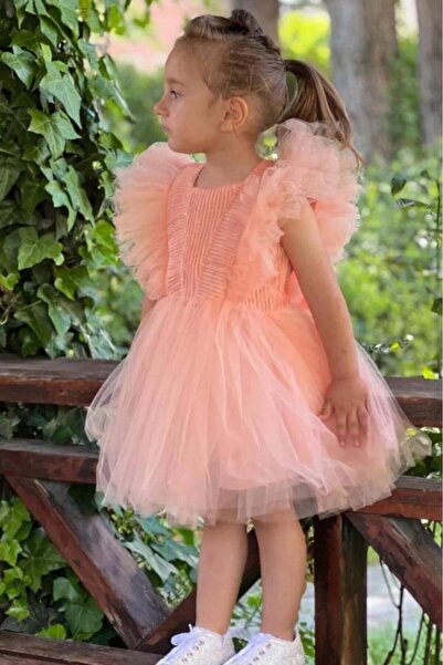 Riccotarz Girl's Shoulder Tulle Over-Length Glitter Sleeveless Salmon Evening Dress