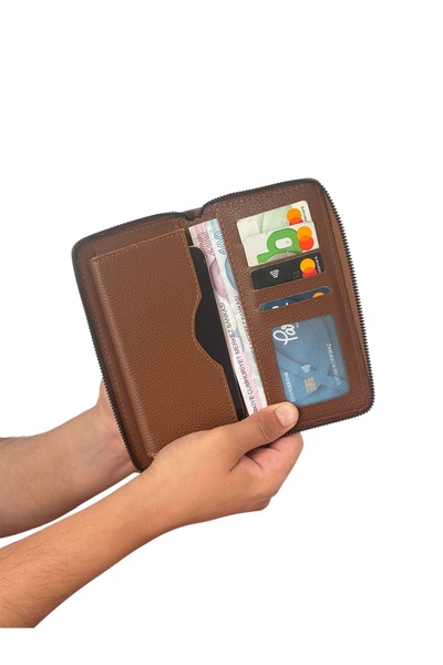 Tisaati Premium Series Luxury Leather Vertical Zipper Phone Compartment Wallet Belt Card Holder and Wristband Men's Set