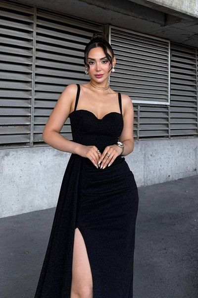 Mossta Strappy Sweetheart Neckline Slit Evening Dress - Black