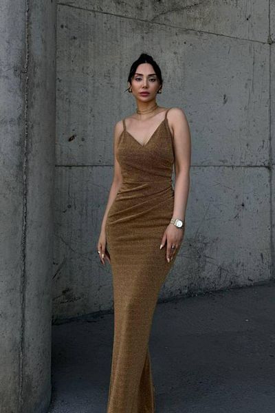 Mossta Double Breasted Collar Glitter Gathered Flowers Evening Dress - Gold