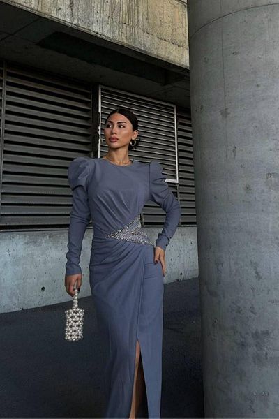 Mossta Princess Sleeve Stone Detailed Long Evening Dress - Gray