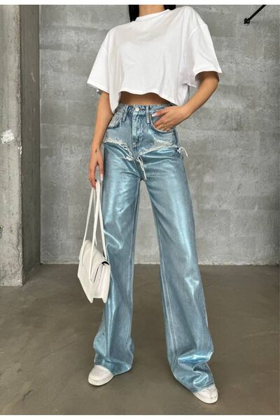 vesantia Γυναικείο τζιν παντελόνι με μεταλλικό μπλε εμπριμέ ψηλόμεσο χαλαρό καλούπι με φαρδύ πόδι