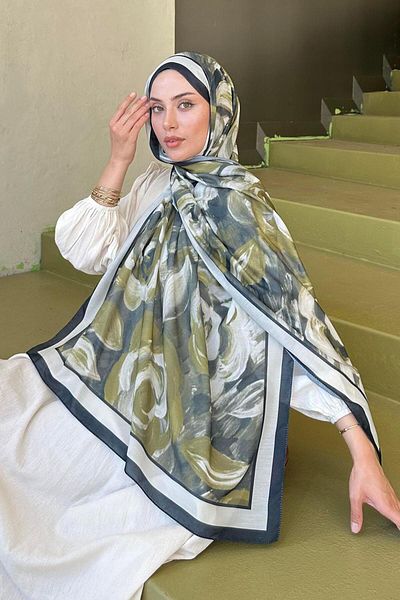 lamelif Flower Pattern Cotton Shawl Oil Green