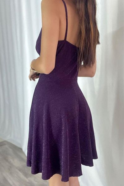Mossta Double Breasted Collar Glitter Flared Dress - Purple