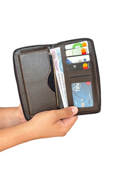 Tisaati Premium Series Luxury Leather Vertical Zipper Phone Compartment Wallet Belt Card Holder and Prayer Beads Men's Set