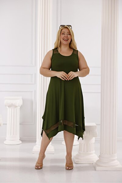 Siyezen Plus Size Mesh Detailed Asymmetry Cut Dress