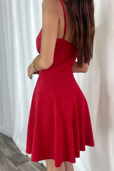 Mossta Double Breasted Collar Glitter Flared Dress - Red