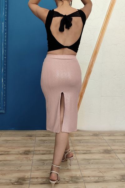 Due Stelle İki Yırtmaçlı Kalem Etek - Ön ve Arka Orta Yırtmaçlı Şık Parti Dans Tango Eteği