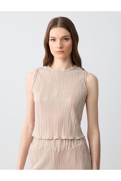 Jimmy Key Beige Slim Fit Round Neck Pleated Knitted Blouse