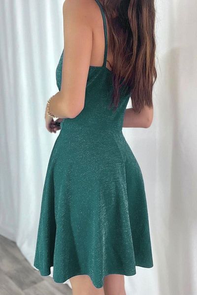 Mossta Double Breasted Collar Glitter Flared Dress - Green
