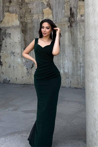 Mossta Glitter Draped Slit Detailed Long Evening Dress - Green