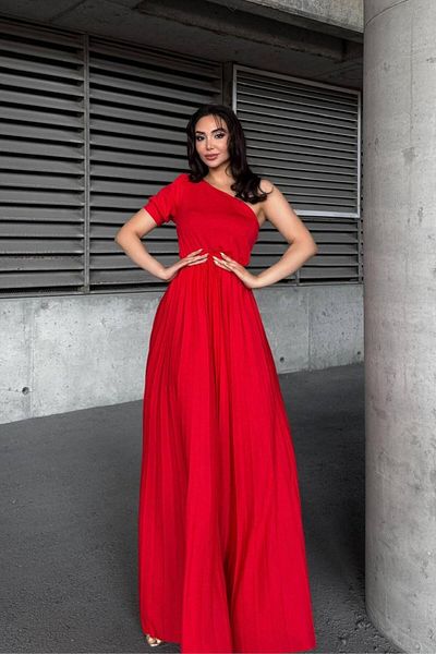 Mossta One Shoulder Pleated Long Evening Dress - Red