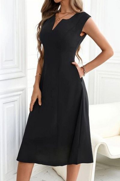Mossta Sleeveless V Neck Midi Imported Crepe Dress - Black