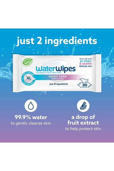 WaterWipes Adult Care Sensitive Wipes,90 Wipes(3 Packs) XL Water-Based Wet Wipe,Designed for All Over Cleansing