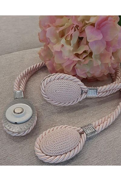 Decor Fashion Home Set of 2 decorative curtain magnets, oval shape, double textile cord 53 cm, pink