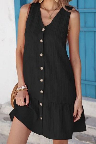 Mossta Button Detailed V-Neck Sleeveless Mini Dress - Black
