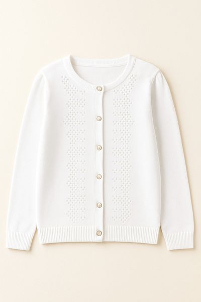 Magu Girl's White Knitwear Thin Patterned Buttoned Cardigan