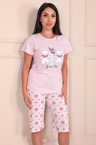 Niket Life Kadın Ayıcık Desenli Bisiklet Yaka Kısa Kollu Altı Kapri Penye Pijama Takımı