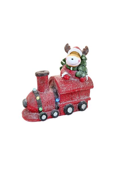 Chomik Christmas Decoration, Ceramic, Train With Reindeer And Tree, Red, Led, 3xaa, 38 Cm