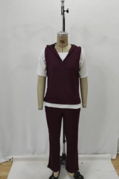 Mossta V-Neck Hooded Viscose Two Thread Blouse and Trousers Two Piece Set - Burgundy
