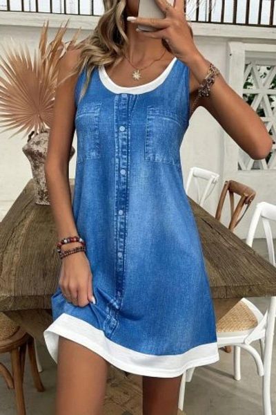 Mossta Sleeveless Denim Look Mini Single Jersey Dress - Blue