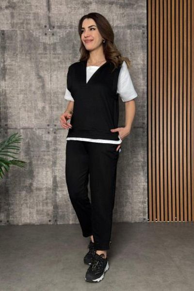 Mossta V-Neck Hooded Viscose Two Thread Blouse and Trousers Two Piece Set - Black
