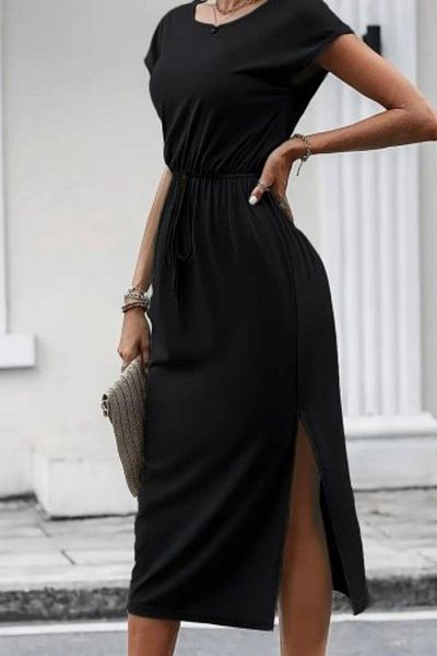 Mossta Boat Neck Tie Detail Midi Viscose Dress - Black