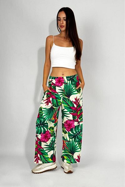 Betimoda Women's Woven Viscose Patterned Loose Cut Oversize Palazzo Trousers Green